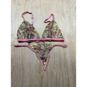 Mapale Floral‎ Embroidered Bra & Thong Set NWTs Sz L Spring Hues Shear Sexy